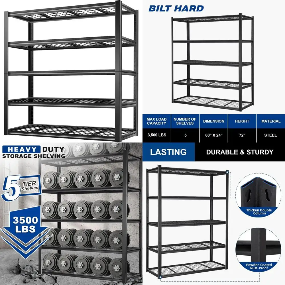 Heavy Duty 5-Tier Metal Shelving Units for Garage - 3500 lbs Capacity, Adjustable Shelves, 60 Wide x 24 Deep Storage Solutions
Heavy Duty 5-Tier Metal Shelving Units for Garage - 3500 lbs Capacity, Adjustable Shelves, 60 Wide x 24 Deep Storage Solutions