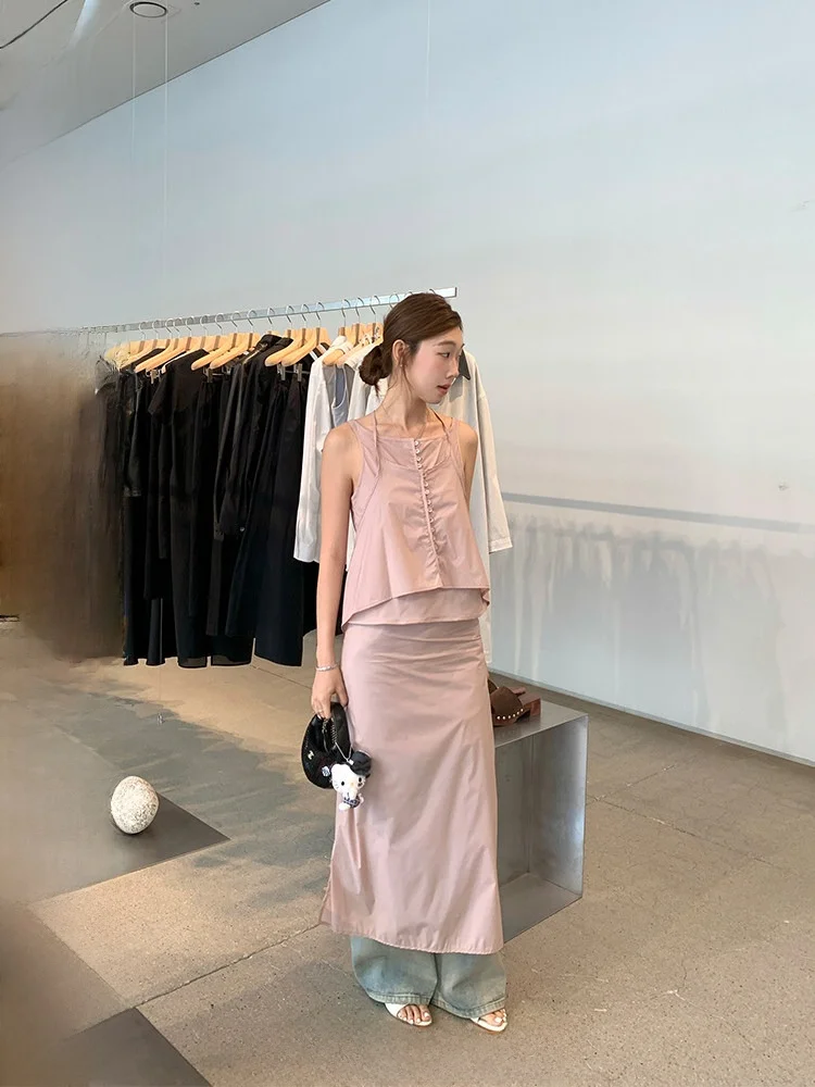 Tone Matching Layering Strap Vest Top Long Half Skirt Set Women's Fashion Ensemble Nylon Fabric Summer Collection
Tone Matching Layering Strap Vest Top Long Half Skirt Set Women's Fashion Ensemble Nylon Fabric Summer Collection