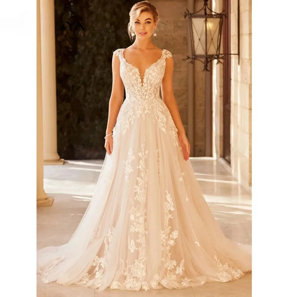 Elegant Wedding Dress For Women V-Neck Cap Sleeve Lace Appliques Vestido De Noiva With Button Sweep Train Custom Made
Elegant Wedding Dress For Women V-Neck Cap Sleeve Lace Appliques Vestido De Noiva With Button Sweep Train Custom Made