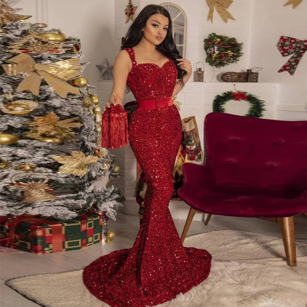 Red Sequins Mermaid Evening Dresses Women's Elegant Sweetheart Thin Shoulder Strap Robe With Belt Sleeveless Vestido Noche Prom
Red Sequins Mermaid Evening Dresses Women's Elegant Sweetheart Thin Shoulder Strap Robe With Belt Sleeveless Vestido Noche Prom
