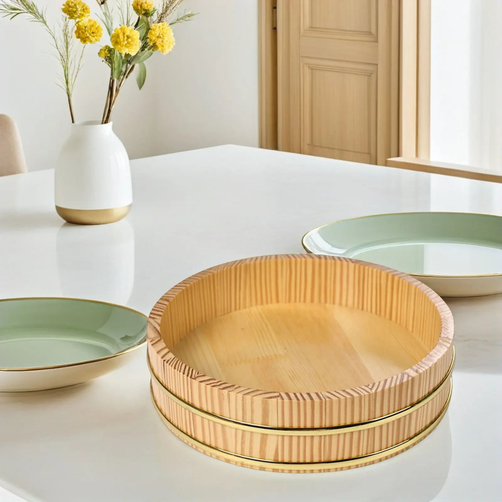 Wooden Sushi Rice Mixing Tub Traditional Japanese Hangiri Bowl Elegant Gold Rim Sushi Bowl for Serving Sashimi Lobster
Wooden Sushi Rice Mixing Tub Traditional Japanese Hangiri Bowl Elegant Gold Rim Sushi Bowl for Serving Sashimi Lobster