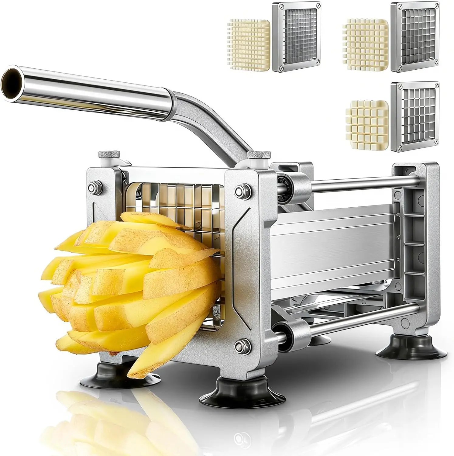 3-Blade French Fry Cutter, Heavy Duty Manual Potato Slicer with 4 Suction Cups, 1/2 3/8 1/4 Inch Stainless Steel Blades
3-Blade French Fry Cutter, Heavy Duty Manual Potato Slicer with 4 Suction Cups, 1/2 3/8 1/4 Inch Stainless Steel Blades