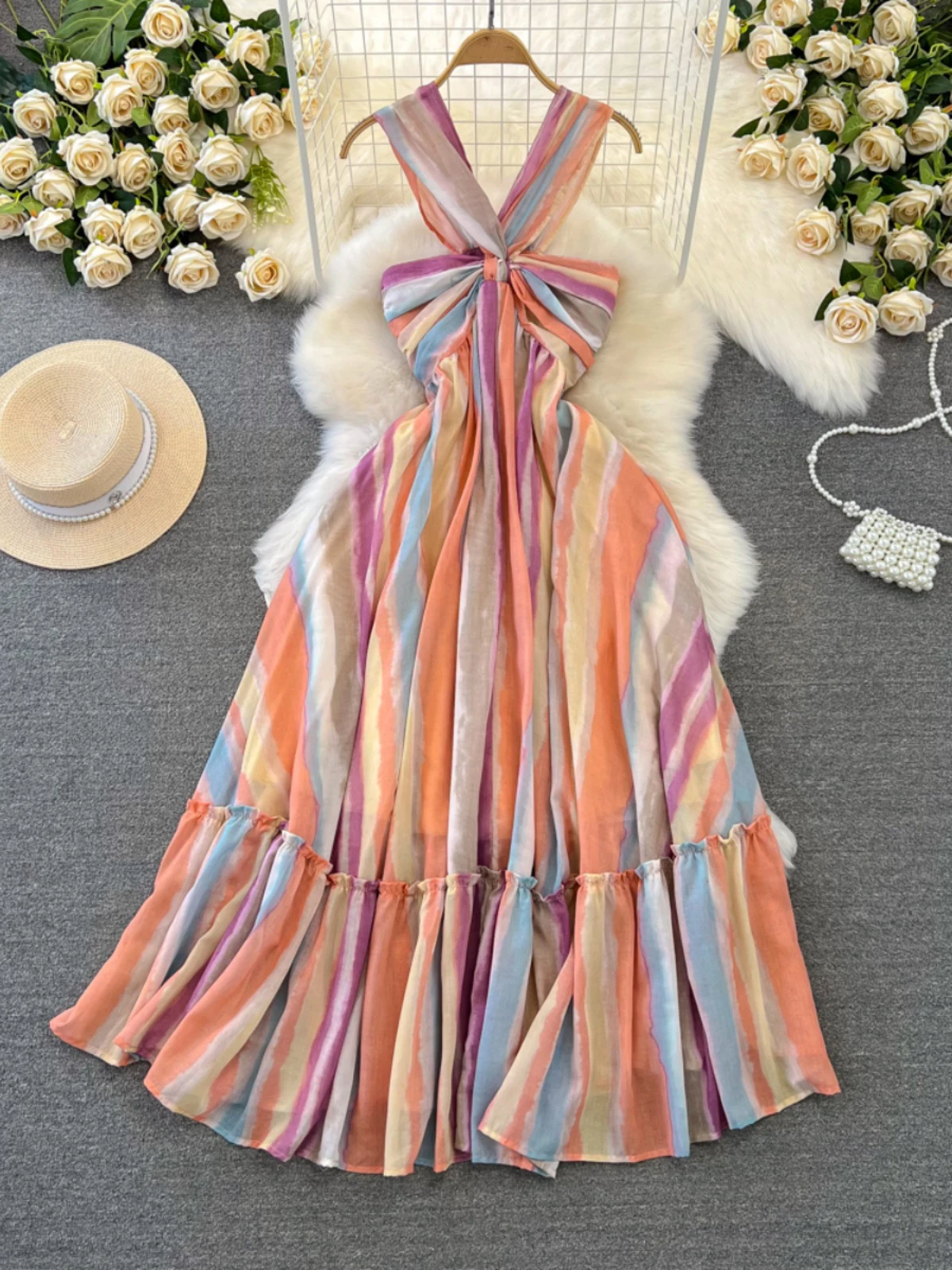 Holiday Dress 2025 Summer Fashion Stripe Hanging Neck Tie Dyeing Sleeveless High Waist Swing Loose Boho Chic Woman Long Dresses
Holiday Dress 2025 Summer Fashion Stripe Hanging Neck Tie Dyeing Sleeveless High Waist Swing Loose Boho Chic Woman Long Dresses