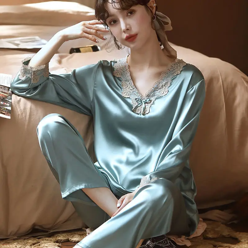 Womens Silk Pajamas Suit Sexy Long Sleeve Sleepwear Satin Underwear Large Size Lingerie Home Clothes 2-piece Loungewear E81
Womens Silk Pajamas Suit Sexy Long Sleeve Sleepwear Satin Underwear Large Size Lingerie Home Clothes 2-piece Loungewear E81