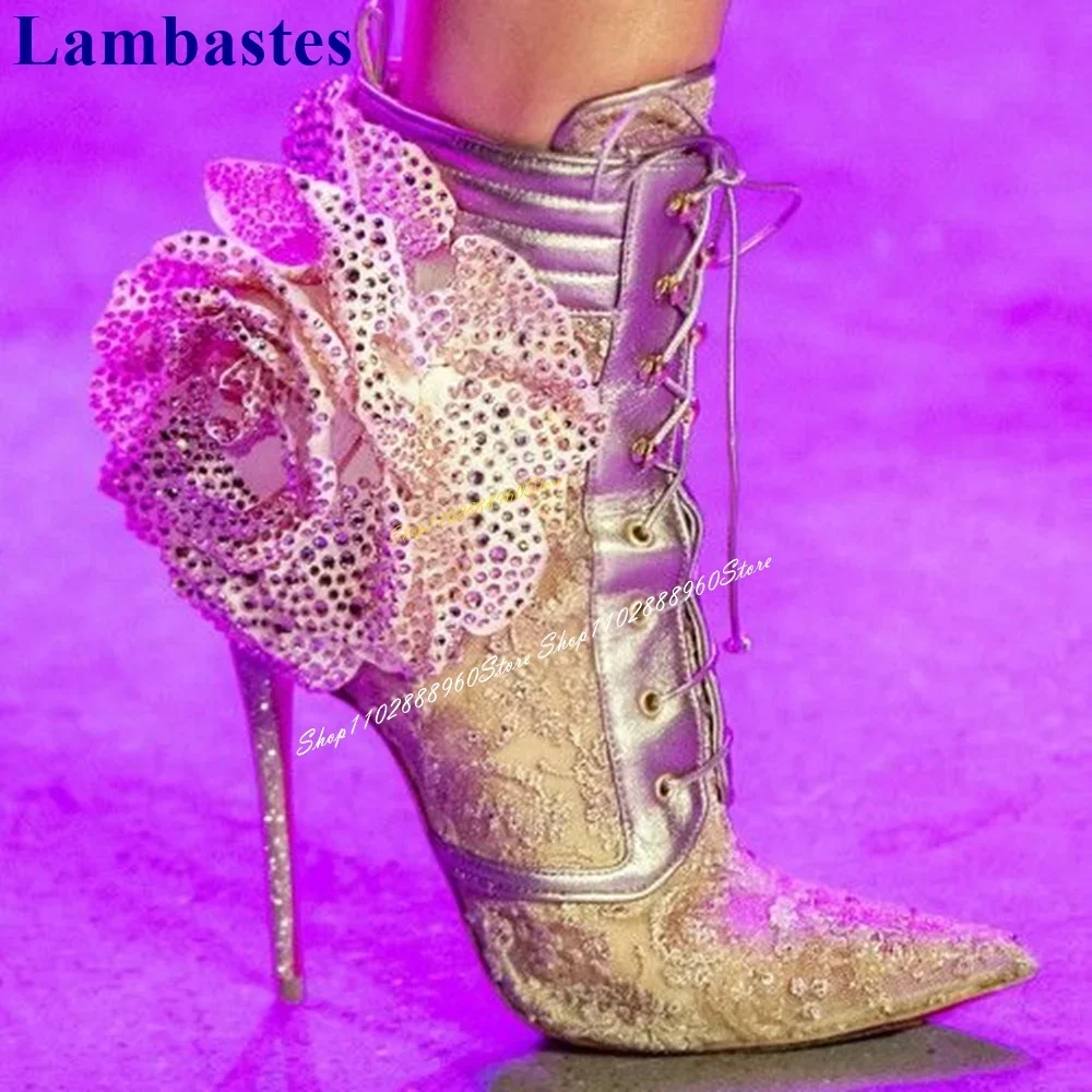 Runway Cross Tied Lace Flower Crystal Ankle Boots Thin High Heel Shoes For Women Lace Up Pointed Toe 2024 Zapatos Para Mujere
Runway Cross Tied Lace Flower Crystal Ankle Boots Thin High Heel Shoes For Women Lace Up Pointed Toe 2024 Zapatos Para Mujere