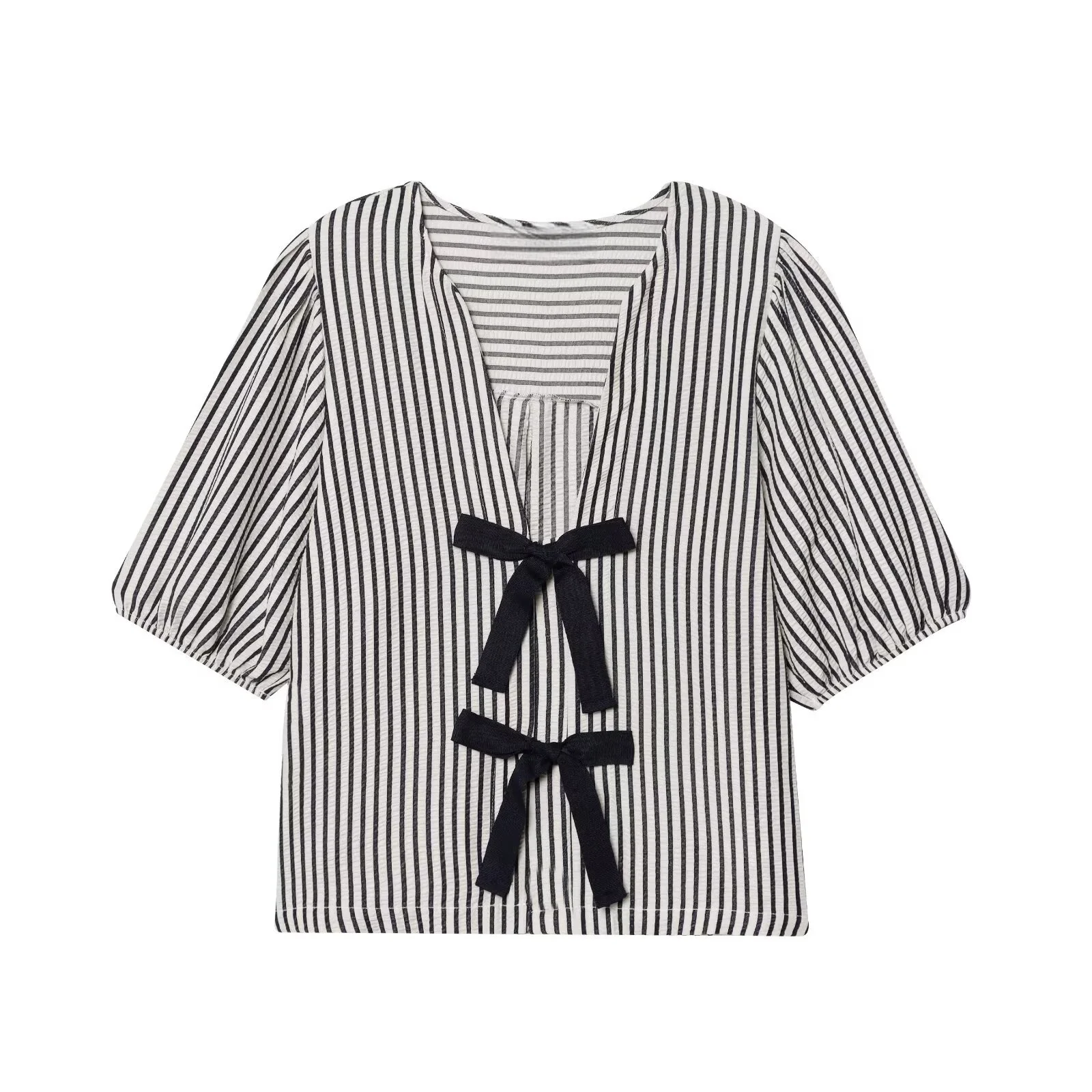 PB&ZA2025 summer new women's casual fashion simple loose lace-up bow-decorated striped short-sleeved V-neck blouse
PB&ZA2025 summer new women's casual fashion simple loose lace-up bow-decorated striped short-sleeved V-neck blouse