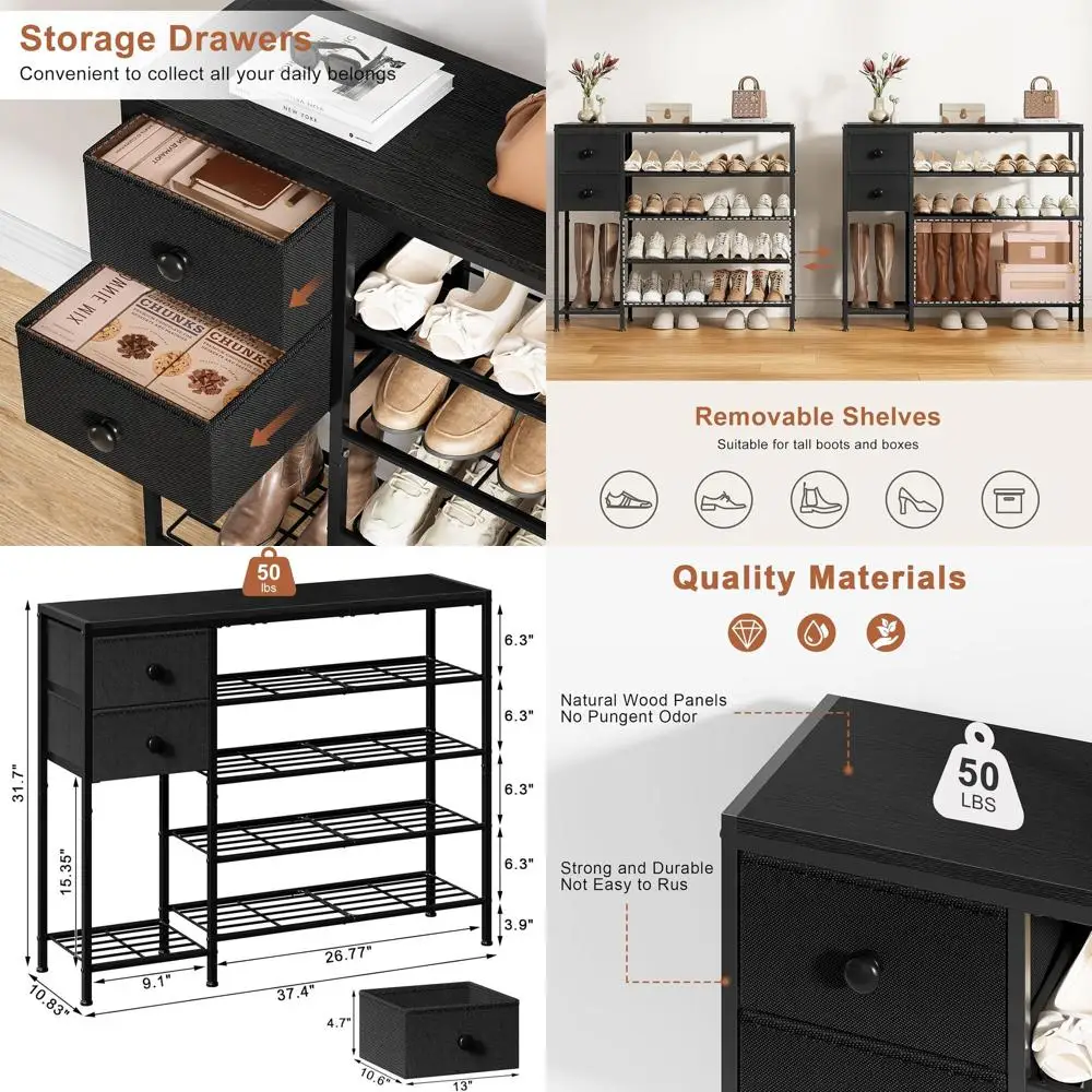 5-Tier Shoe Rack with Fabric Drawers, Metal and Wood, Holds 16-20 Pairs, Black Shoe Organizer for Entryway
5-Tier Shoe Rack with Fabric Drawers, Metal and Wood, Holds 16-20 Pairs, Black Shoe Organizer for Entryway