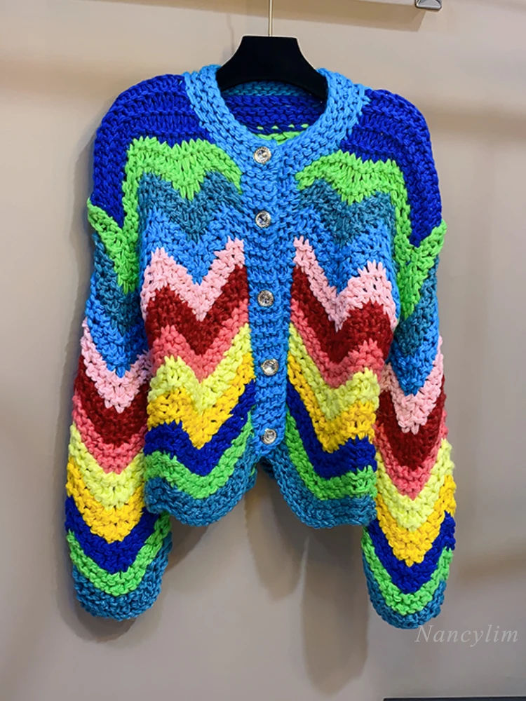 Handmade Knitting Needle Coarse Yarn Colorful Striped Contrast Color Knitwear Cardigan Women's Sweater Coat Thick Cardigans Fall
Handmade Knitting Needle Coarse Yarn Colorful Striped Contrast Color Knitwear Cardigan Women's Sweater Coat Thick Cardigans Fall