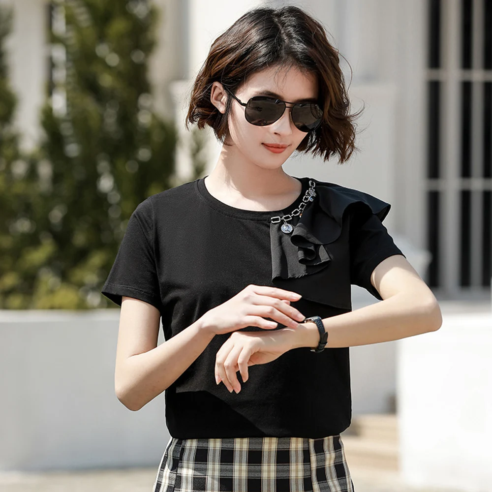 Korean version summer clothing new asymmetrical chain t-shirt women's short sleeved temperament pure cotton fashionable casual t
Korean version summer clothing new asymmetrical chain t-shirt women's short sleeved temperament pure cotton fashionable casual t