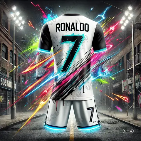2Pcs Outfits ChatGPT Design Graffiti Ronaldo # 7 T-shirt+Shorts Sets Summer Sports Kids/Adult Suit Football Jersey Training Kit