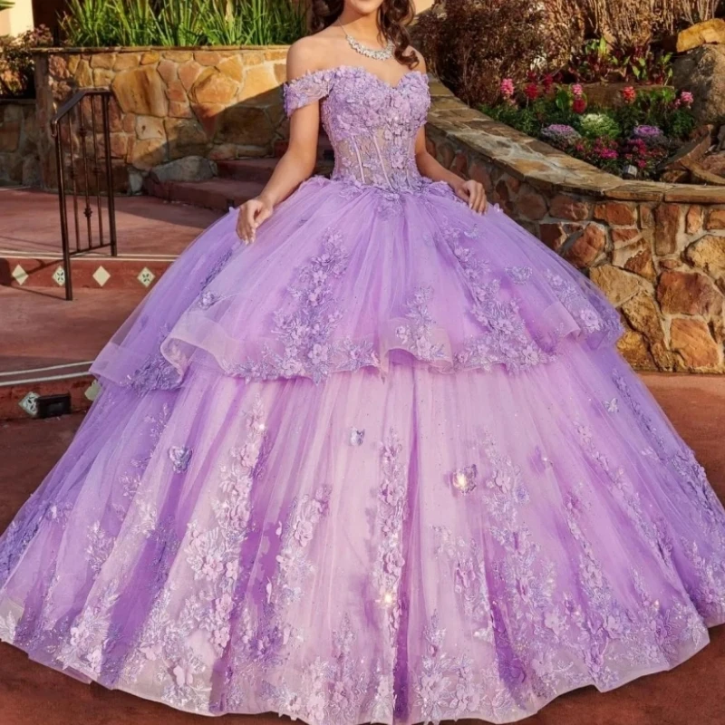 Customized Lavender Quinceanera Dresses Ball Gown V Neck 3D Flower Lace Up Women Birthday Party Dress Prom Vestido De 15 Anos
Customized Lavender Quinceanera Dresses Ball Gown V Neck 3D Flower Lace Up Women Birthday Party Dress Prom Vestido De 15 Anos