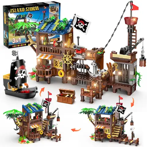HOGOKIDS Pirate Ship Wharf Building Toy with LED–Medieval Pirate House BuildingBlock Set, Architecture for Kids6+  Birthday Gift
