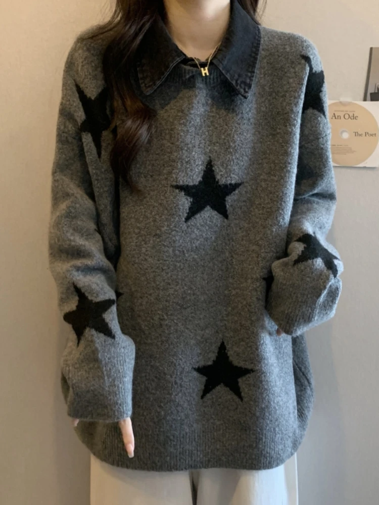 Retro American Style Oversized Sweater Women's Spring Autumn plus Size Slimming Denim Patchwork Top Mid-Length Lazy Style
Retro American Style Oversized Sweater Women's Spring Autumn plus Size Slimming Denim Patchwork Top Mid-Length Lazy Style