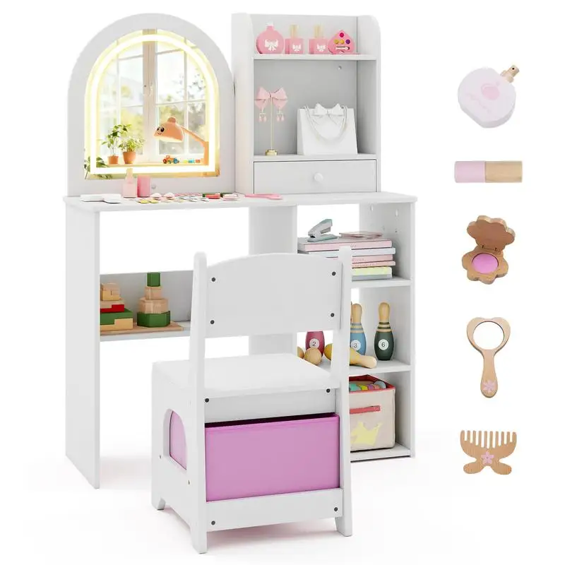 Kids Vanity Set Princess Girls Makeup Vanity Desk with Chair and 3-Color LED Lighted Mirror-White
Kids Vanity Set Princess Girls Makeup Vanity Desk with Chair and 3-Color LED Lighted Mirror-White