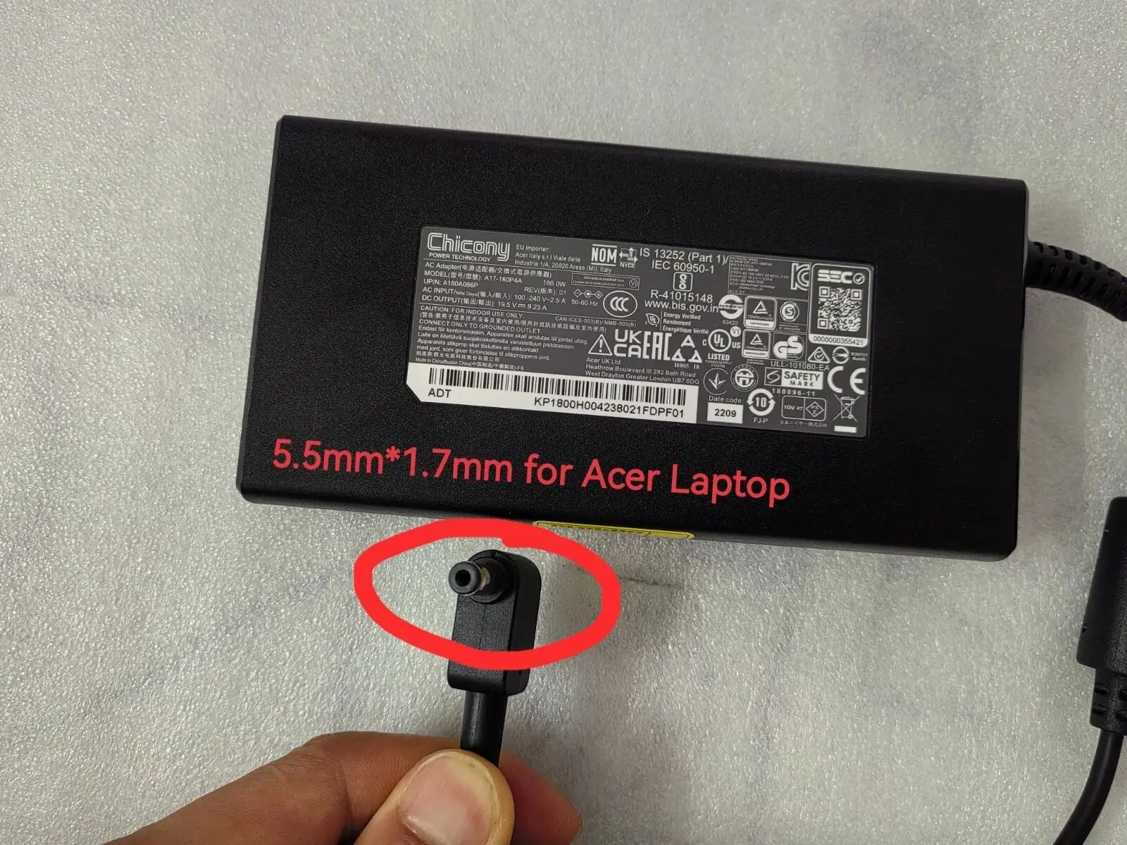 OEM Chicony 19.5V 9.23A A17-180P4A(5.5mm*1.7mm) 180W AC Adapter For Acer Nitro 5 N20C2 AN517-41 RTX3080 Gaming Laptop 
OEM Chicony 19.5V 9.23A A17-180P4A(5.5mm*1.7mm) 180W AC Adapter For Acer Nitro 5 N20C2 AN517-41 RTX3080 Gaming Laptop