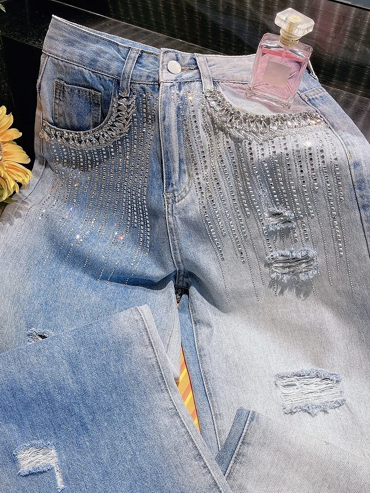 Trendy Glitter Rhinestone Embellied High Waist Straight Leg Jeans Women's Color Blo Street Sle Versatile Hole Punching
Trendy Glitter Rhinestone Embellied High Waist Straight Leg Jeans Women's Color Blo Street Sle Versatile Hole Punching