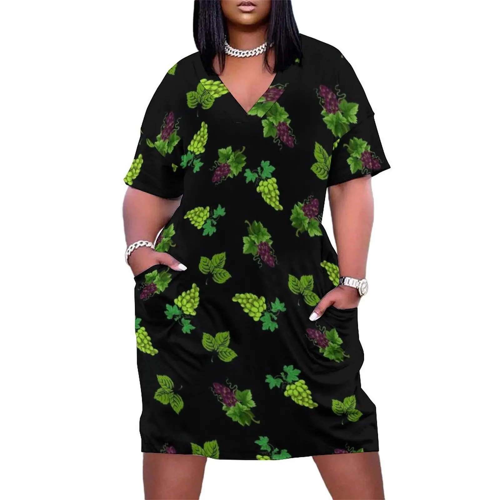 Green and purple grapes on black background. Loose Pocket Dress dress women summer evening dress
Green and purple grapes on black background. Loose Pocket Dress dress women summer evening dress