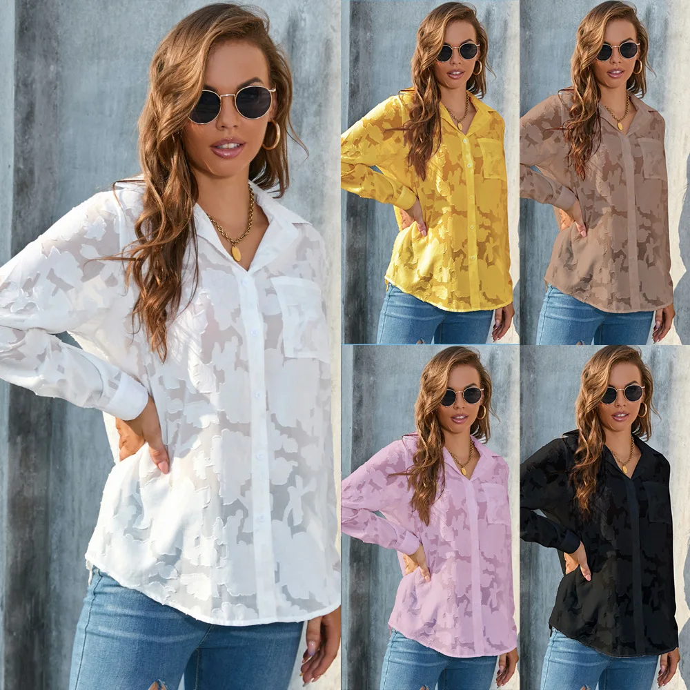 Spring Women's Long-sleeved Shirt Lapel Button Cardigan Top White Basic Black Sunmmer Fashion Flower Hollow Pocket Blouse
Spring Women's Long-sleeved Shirt Lapel Button Cardigan Top White Basic Black Sunmmer Fashion Flower Hollow Pocket Blouse