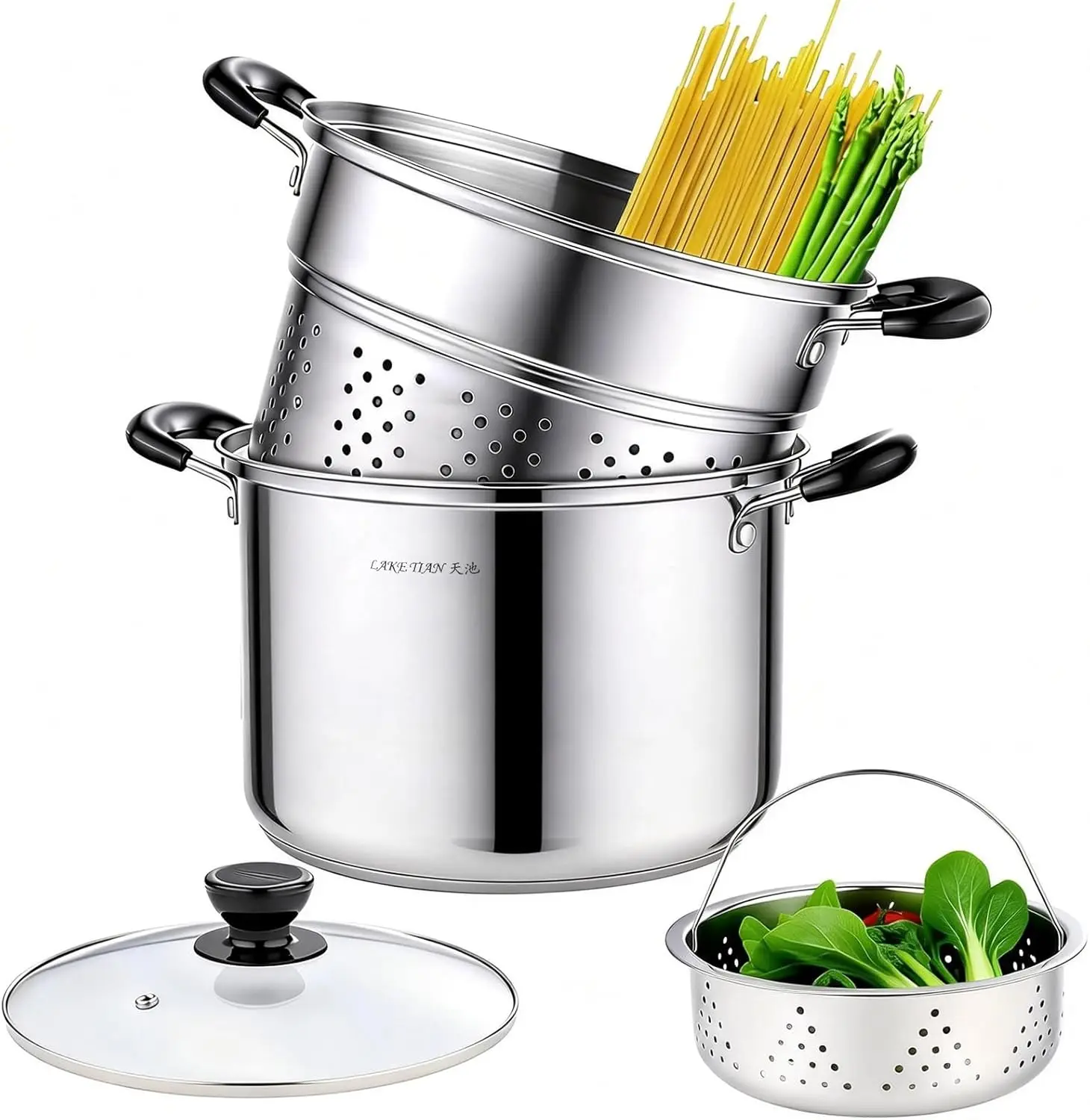 Stainless Steel 10 Quart Pasta Pot with Strainer and Steamer Basket, Induction Compatible for Cooking
Stainless Steel 10 Quart Pasta Pot with Strainer and Steamer Basket, Induction Compatible for Cooking