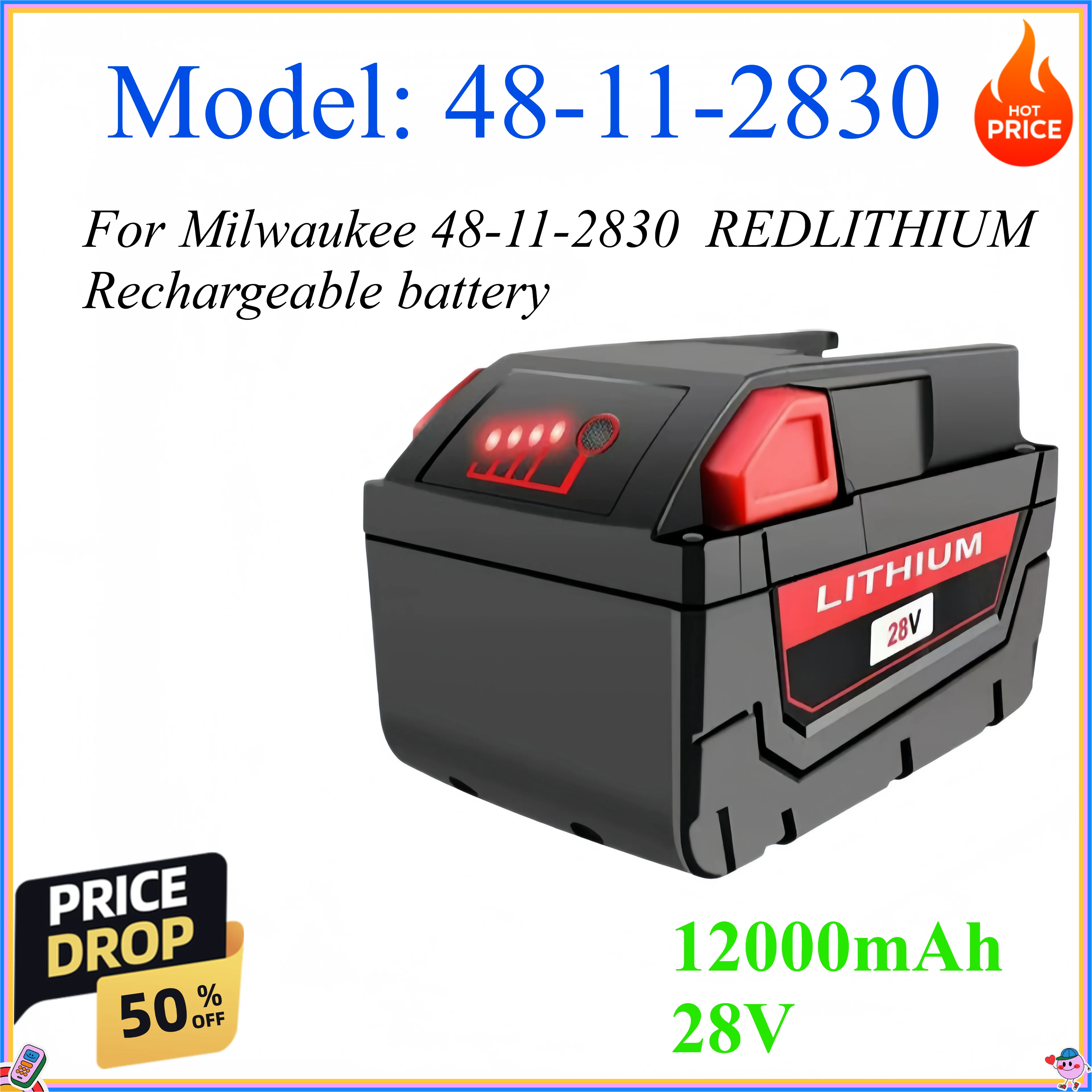 12000mAh For Milwaukee 48-11-2830 28V REDLITHIUM Rechargeable battery with Charger Compatible with Milwaukee Headlamp Flashlight
12000mAh For Milwaukee 48-11-2830 28V REDLITHIUM Rechargeable battery with Charger Compatible with Milwaukee Headlamp Flashlight