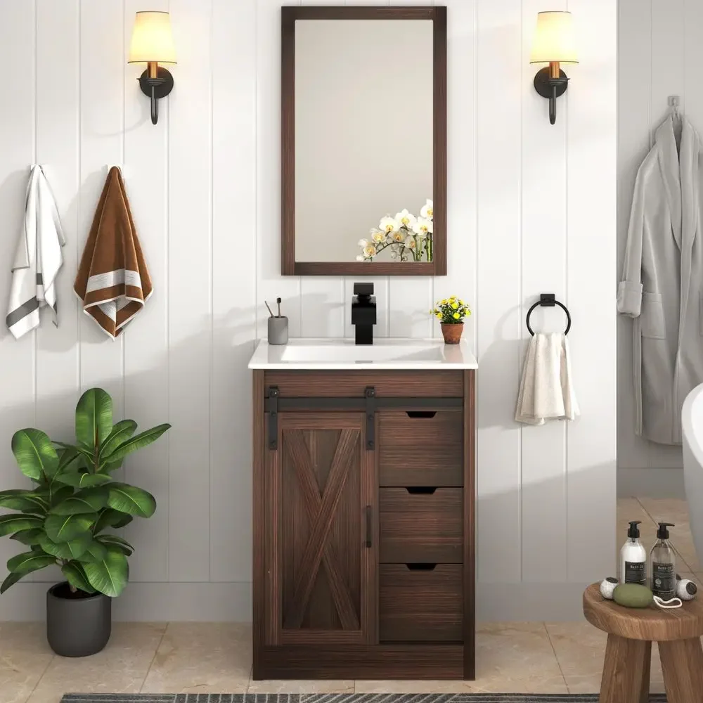 24 Inch Bathroom Vanity with Sink amp Faucet amp Mirror, Farmhouse Bathroom Vanity Cabinet Set with Sliding Barn Door amp Drawe
24 Inch Bathroom Vanity with Sink amp Faucet amp Mirror, Farmhouse Bathroom Vanity Cabinet Set with Sliding Barn Door amp Drawe