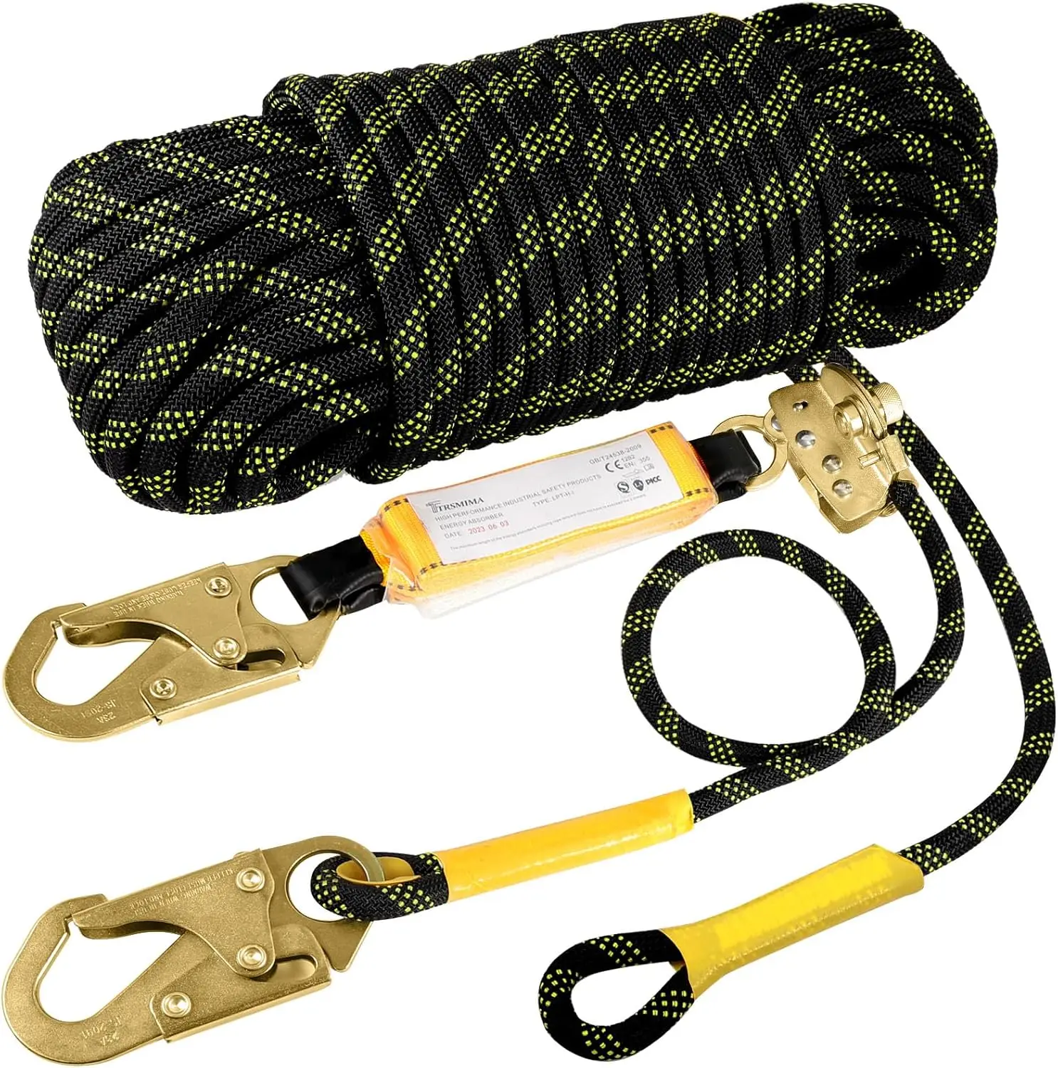 150ft Roofing Rope with Grab Snap Hooks & Shock Absorber - Heavy Duty Fall Protection Kit, ANSI/CE Certified
150ft Roofing Rope with Grab Snap Hooks & Shock Absorber - Heavy Duty Fall Protection Kit, ANSI/CE Certified