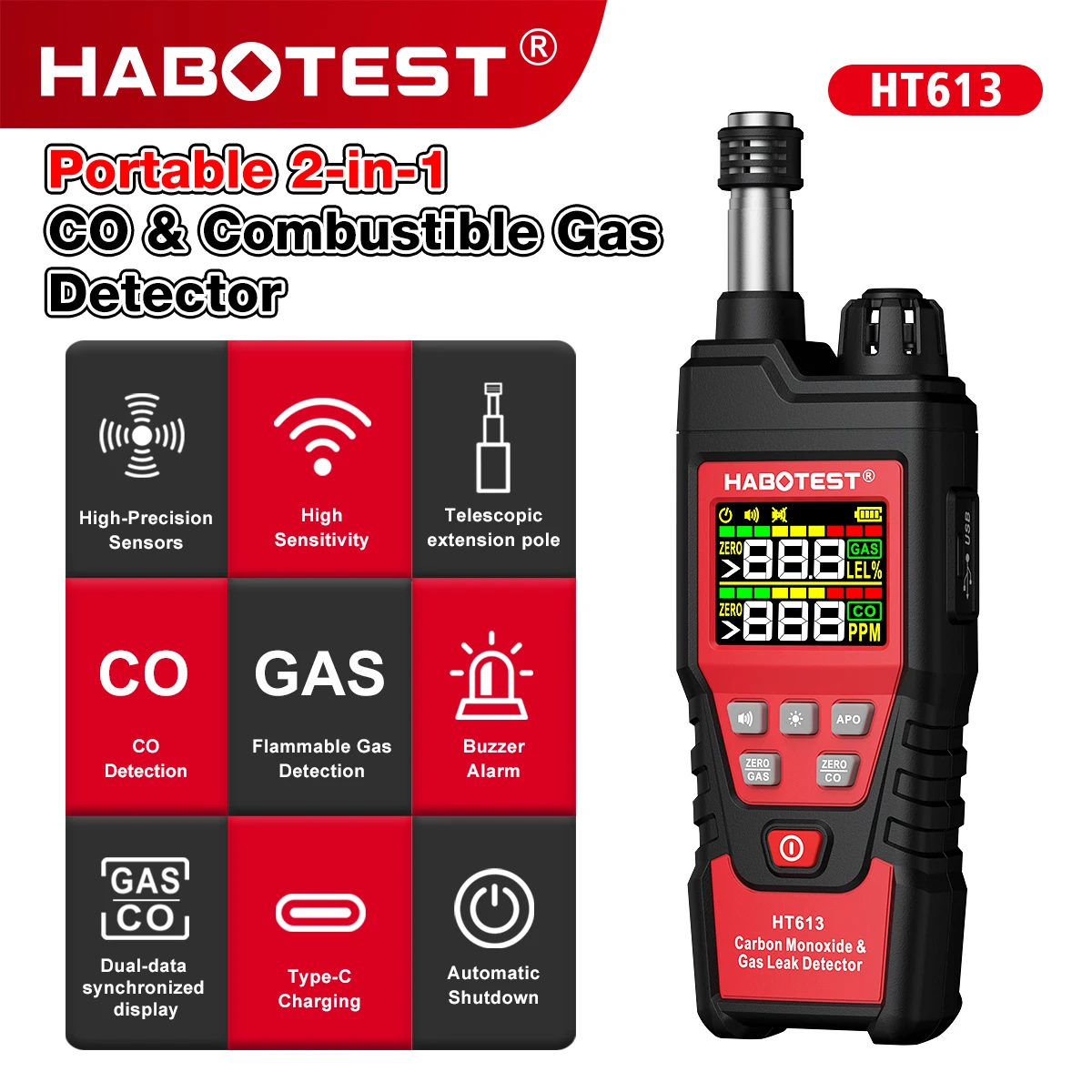 HABOTEST HT613 2in1 Carbon Monoxide Combustible Gas Detector Leak Tester Natural Gas Methane Propane Sniffer with Sound Alarm
HABOTEST HT613 2in1 Carbon Monoxide Combustible Gas Detector Leak Tester Natural Gas Methane Propane Sniffer with Sound Alarm
