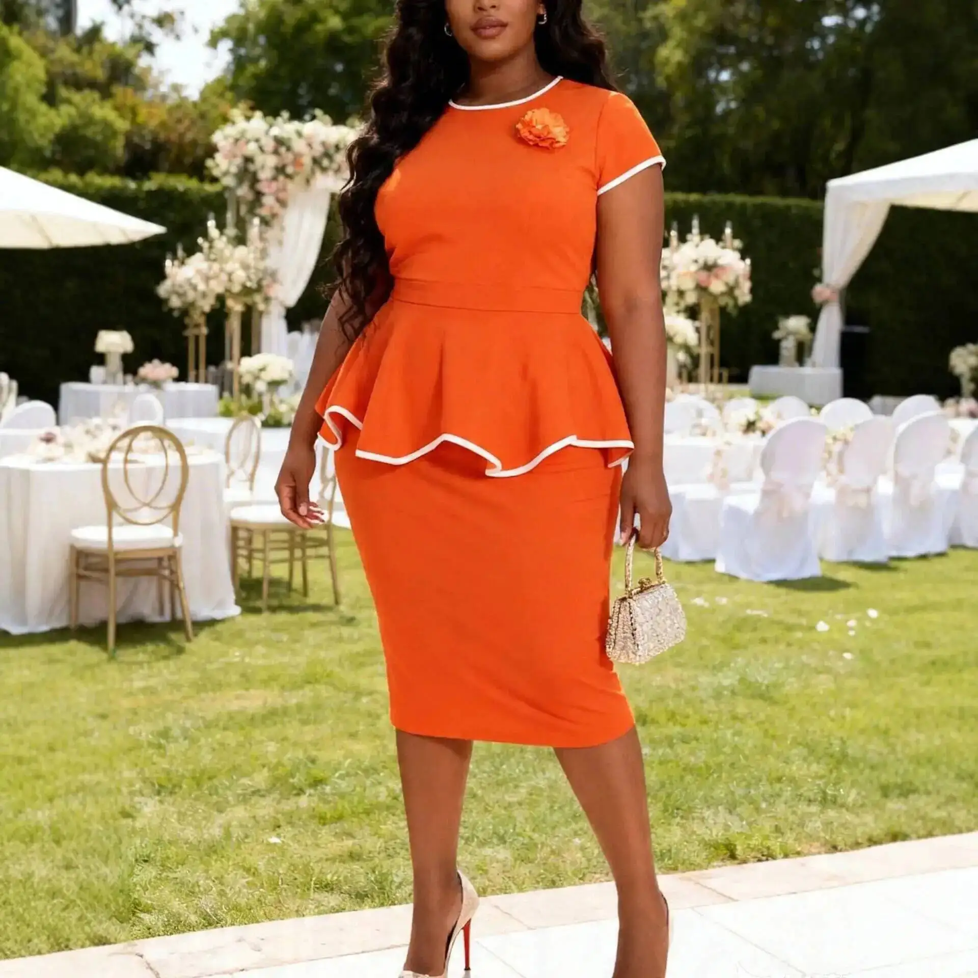 Plus-size Women's Orange Dress With Contrasting Edges, Bodycon Skirt, Waist-cinching, Hip-covering, With Three-dimensional Desig
Plus-size Women's Orange Dress With Contrasting Edges, Bodycon Skirt, Waist-cinching, Hip-covering, With Three-dimensional Desig