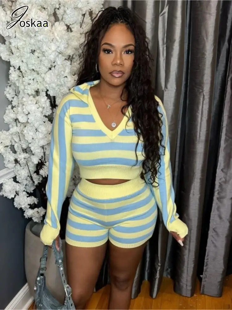 Joskaa Striped Knitted 2 Piece Sets Women Hipster Full Sleeve Hooded Crop Sweater and Shorts Matching 2025 Vintage Streetwear
Joskaa Striped Knitted 2 Piece Sets Women Hipster Full Sleeve Hooded Crop Sweater and Shorts Matching 2025 Vintage Streetwear