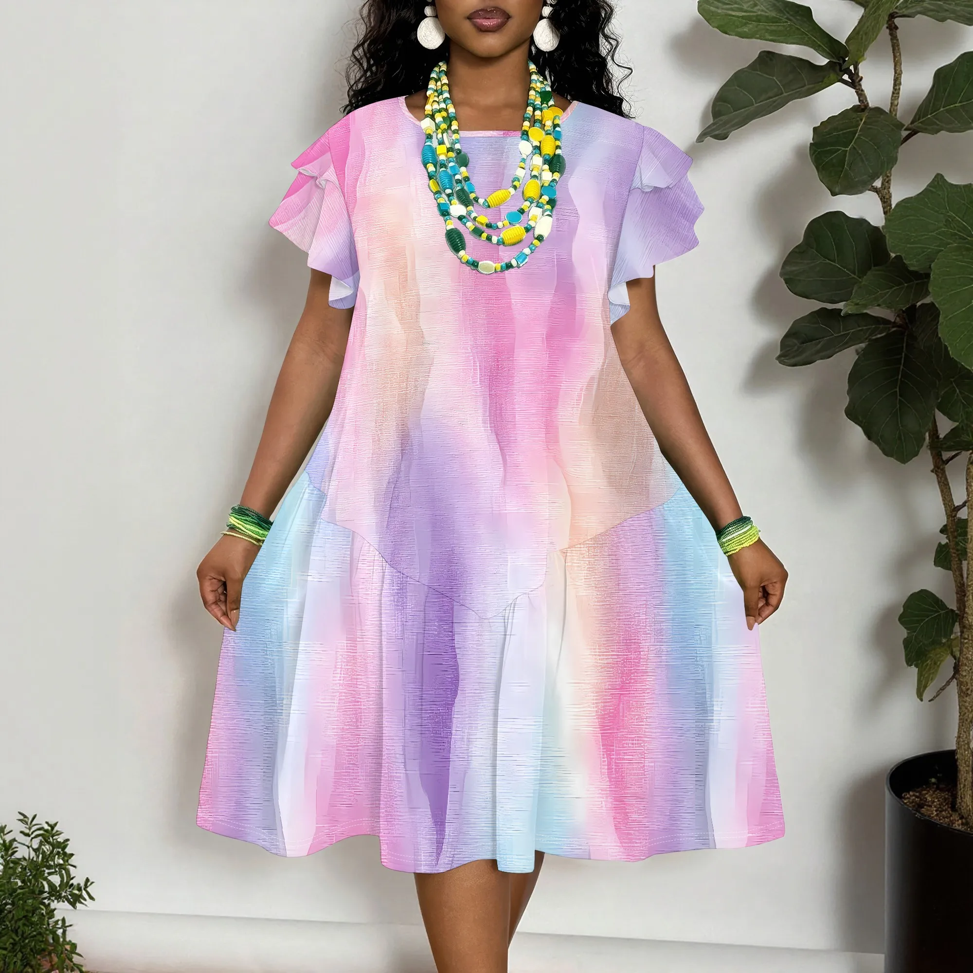 Gradient Print Dress, Ruffle Sleeve Mini Dress, Pastel Tie Dye Shift Dress, Summer Casual Beach Wear for Women XL-6XL
Gradient Print Dress, Ruffle Sleeve Mini Dress, Pastel Tie Dye Shift Dress, Summer Casual Beach Wear for Women XL-6XL