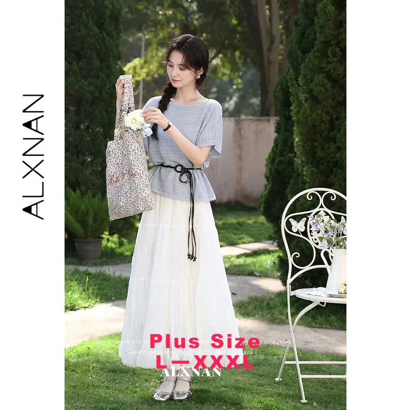 ALXNAN Plus Size Women's T-shirt Light Blue Batwing Sleeve Hollow Knit T-shirts Loose-fit Ladies Tops with Black Belt D656136A
ALXNAN Plus Size Women's T-shirt Light Blue Batwing Sleeve Hollow Knit T-shirts Loose-fit Ladies Tops with Black Belt D656136A