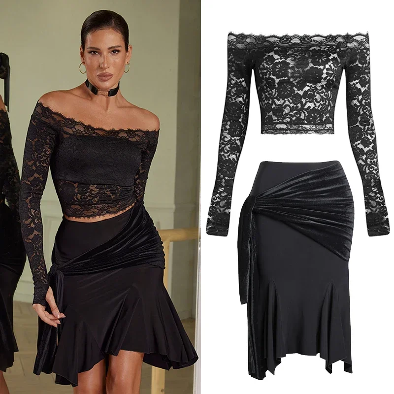 2023 Black Lace Latin Dance Tops Long Sleeves Women Practice Clothes Irregular Skirt Cha Cha Rumba Tango Dance Dresses DNV18946 
2023 Black Lace Latin Dance Tops Long Sleeves Women Practice Clothes Irregular Skirt Cha Cha Rumba Tango Dance Dresses DNV18946