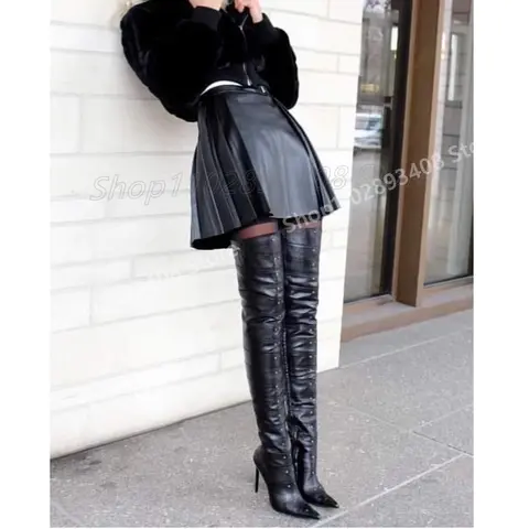 Black Round Rivets Over the Knee Boots Pointy Matte Leather Stiletto High Heel Retro Sexy Style 2024 Autumn Zapatos Para Mujere