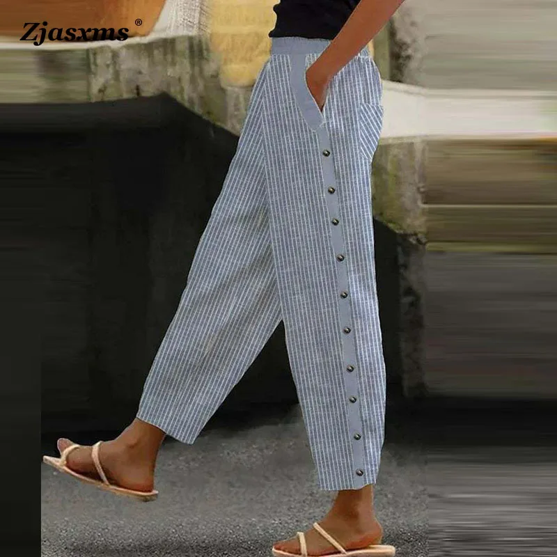 Womens Trousers New Spring Autumn Lady Striped Patchwork Pencil Pants Female Casual Elastic Waist Button Pockets Long Sweatpants
Womens Trousers New Spring Autumn Lady Striped Patchwork Pencil Pants Female Casual Elastic Waist Button Pockets Long Sweatpants