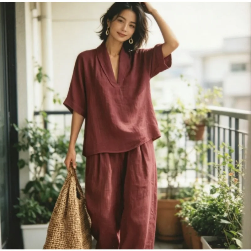Women's Linen V Neck Short Sleeve Wide Leg Pants Set 2026 New Summer Casual Two Piece Outfit
Women's Linen V Neck Short Sleeve Wide Leg Pants Set 2026 New Summer Casual Two Piece Outfit