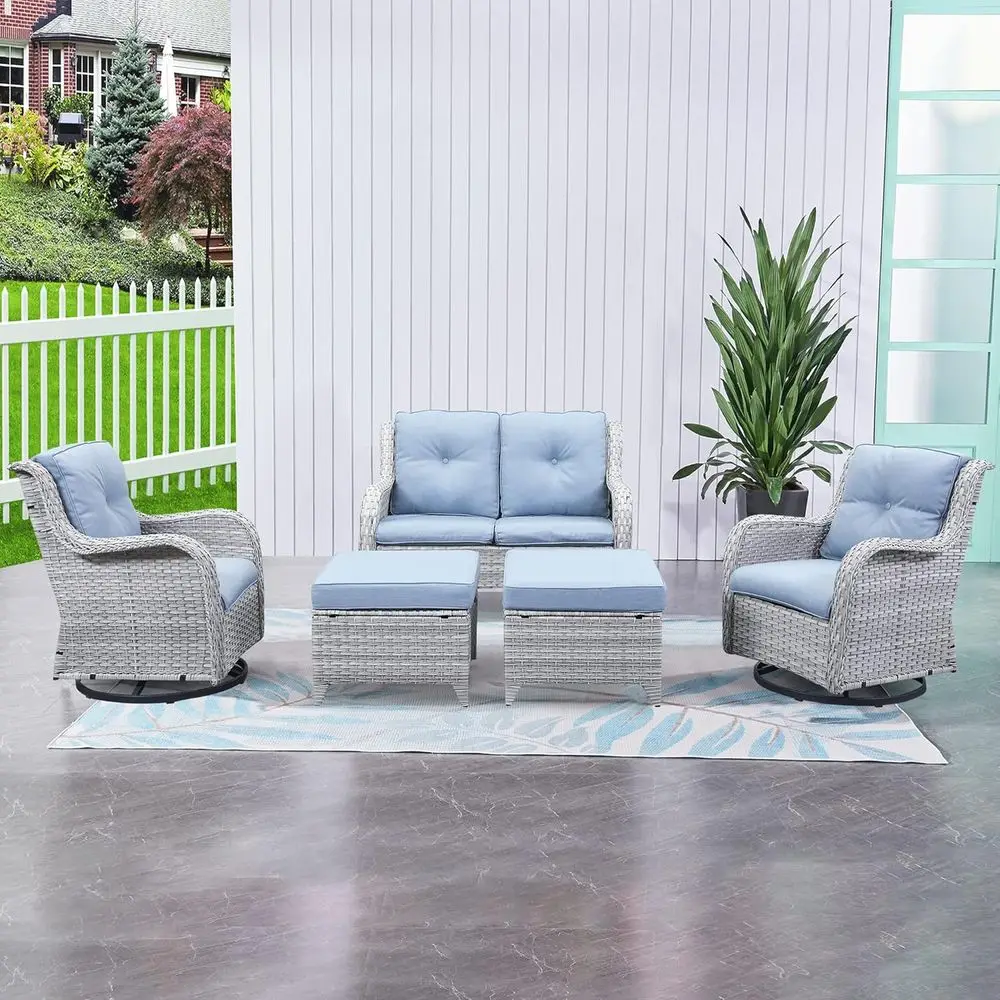 5-Piece Outdoor Wicker Patio Furniture Set with Swivel Chairs, Sectional Sofa, and Ottomans in Light Grey/Light Blue
5-Piece Outdoor Wicker Patio Furniture Set with Swivel Chairs, Sectional Sofa, and Ottomans in Light Grey/Light Blue