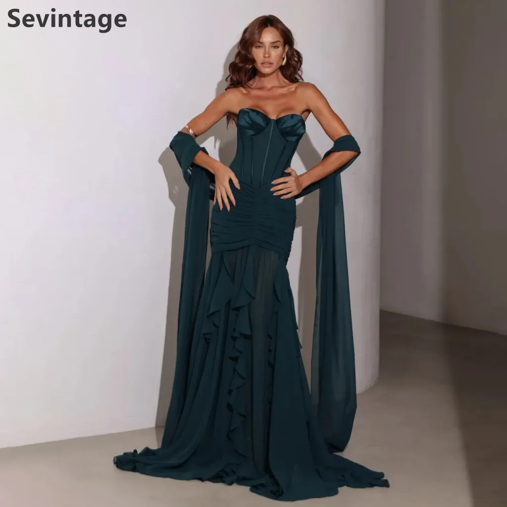 Sevintage 2025 Emerald Green Satin Chiffon Sweetheart Bustier Ruched Ruffled Maxi Prom Dress Flowing Scarf and Train Customized
Sevintage 2025 Emerald Green Satin Chiffon Sweetheart Bustier Ruched Ruffled Maxi Prom Dress Flowing Scarf and Train Customized