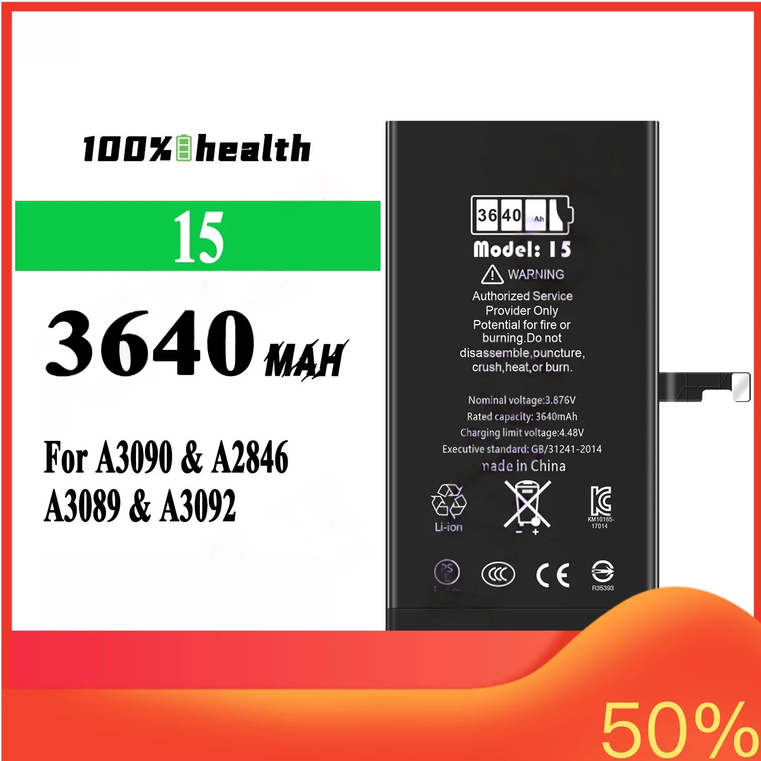 3640mAh for Apple 15 Mobile Battery for Apple A3090 A2846 A3089 A3092 Running Diagnosis Lithium Rechargeable Battery
3640mAh for Apple 15 Mobile Battery for Apple A3090 A2846 A3089 A3092 Running Diagnosis Lithium Rechargeable Battery