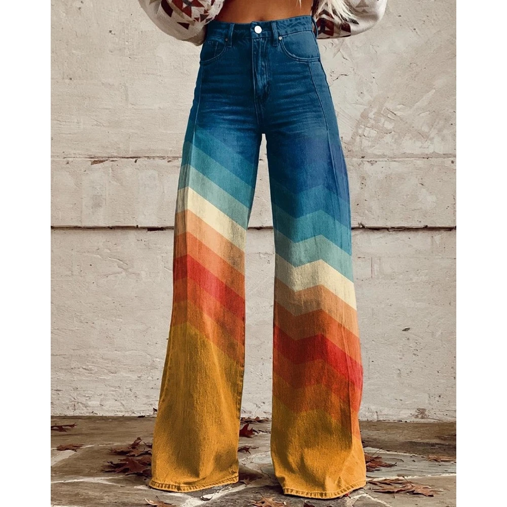 New Fashion Spring High Waist Rainbow Ombre Striped Wide Leg Fake Jeans for Women Femme Vintage Denim Pants Street Wear
New Fashion Spring High Waist Rainbow Ombre Striped Wide Leg Fake Jeans for Women Femme Vintage Denim Pants Street Wear