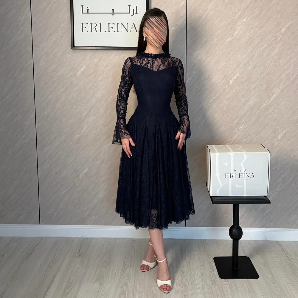 Modern Navy Blue Lace High Neck Midi Evening Dress Customized Long Flare Sleeves Tea Length Party Prom Gowns Vestido De Novia
Modern Navy Blue Lace High Neck Midi Evening Dress Customized Long Flare Sleeves Tea Length Party Prom Gowns Vestido De Novia