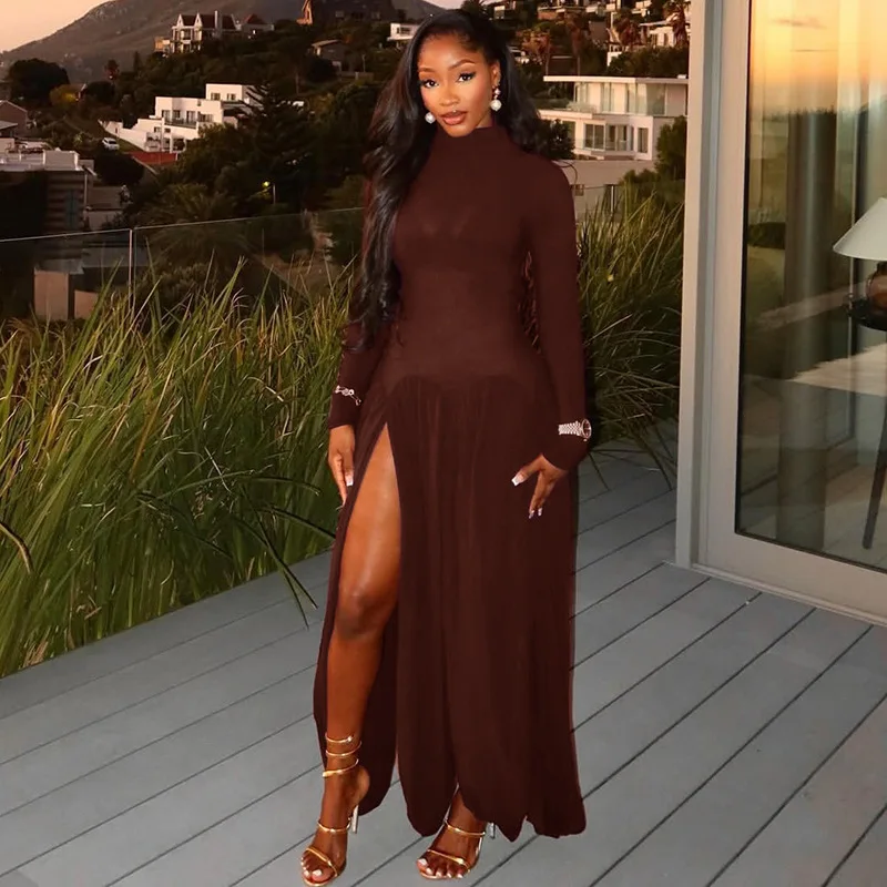 Elegant Slit Women's Dress Solid Color Ruched Elegant Bodycon Dress High Neck Slim Fit Long Sleeve Dress Trendy
Elegant Slit Women's Dress Solid Color Ruched Elegant Bodycon Dress High Neck Slim Fit Long Sleeve Dress Trendy