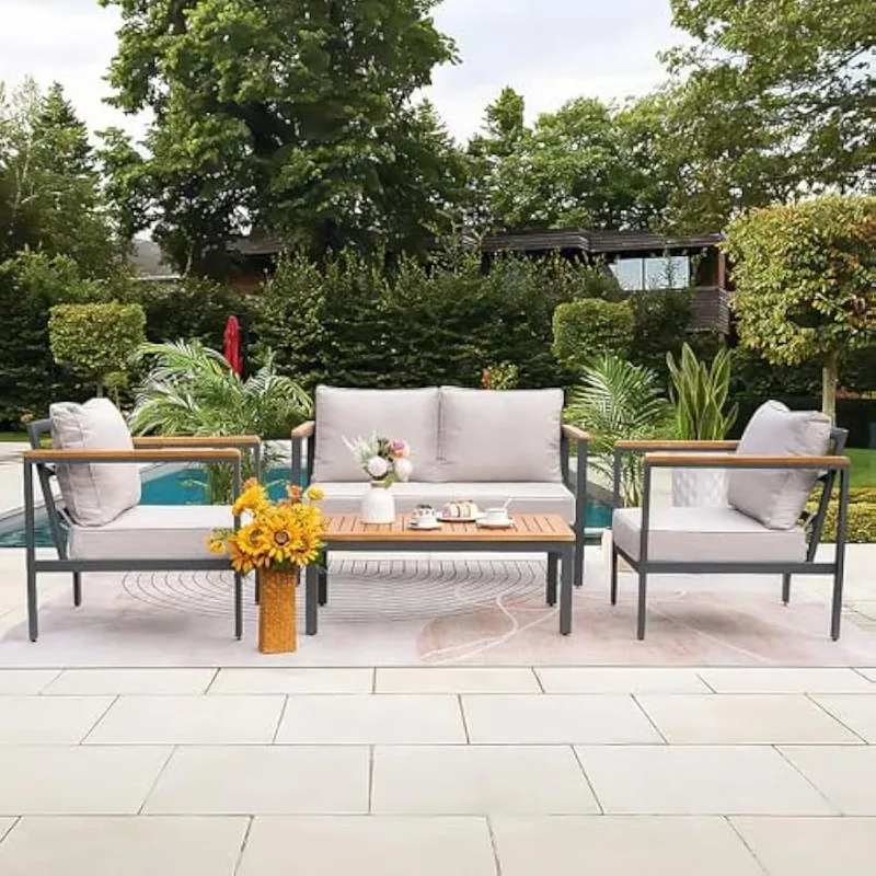 4 Piece Furniture Patio Lounge Conversation Set Solid Wood Armrest & Table Top Anti-Drop Thick Waterproof Cushion, Onesize
4 Piece Furniture Patio Lounge Conversation Set Solid Wood Armrest & Table Top Anti-Drop Thick Waterproof Cushion, Onesize