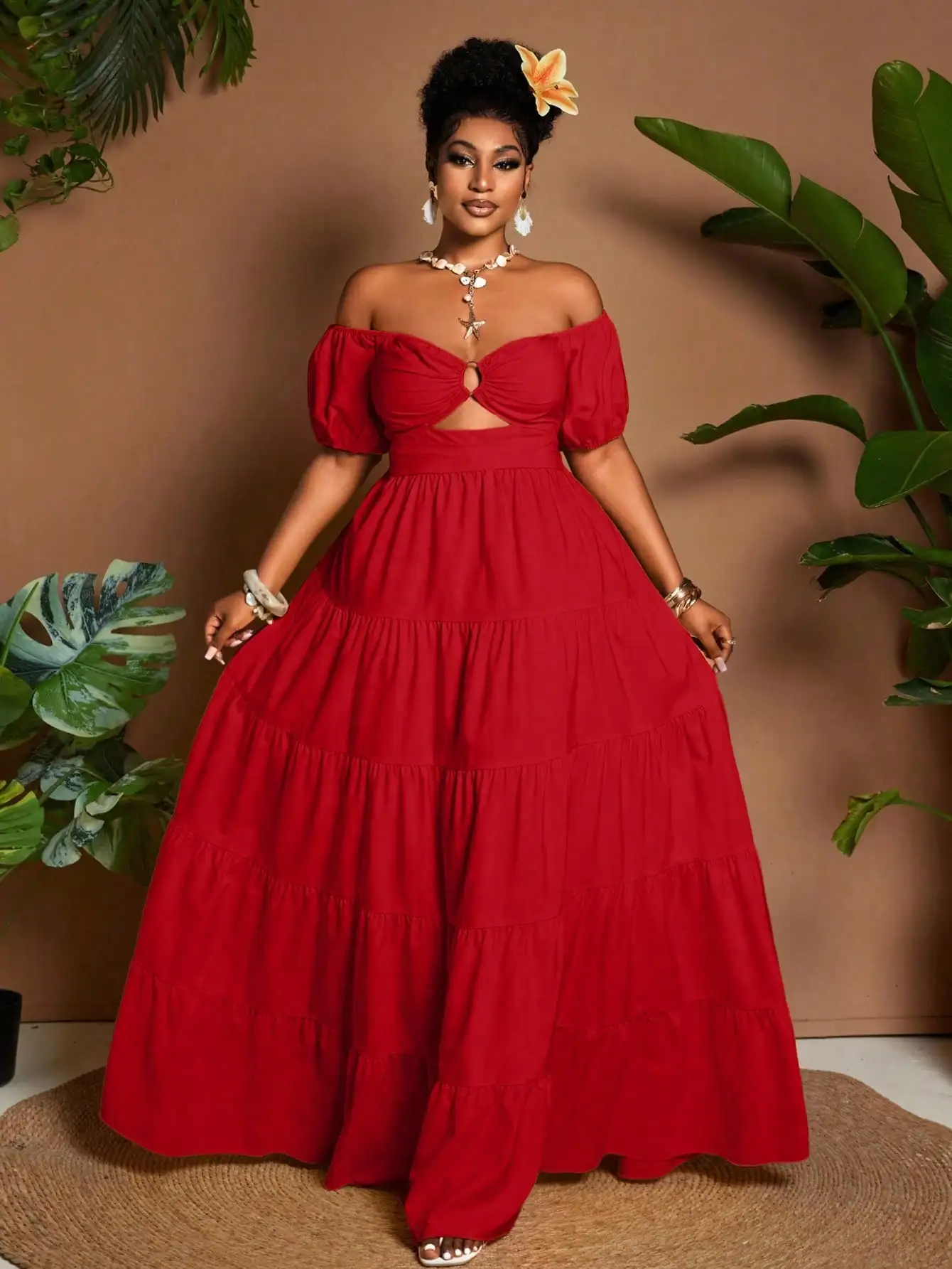Red Off Shoulder Tiered Maxi Dress with Cutout Detail and Puffed Sleeves
Red Off Shoulder Tiered Maxi Dress with Cutout Detail and Puffed Sleeves