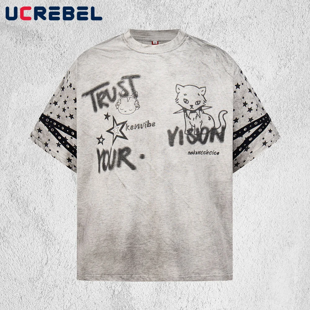 Cartoon Print Short Sleeve T-shirt Mens with Rivets Distressed Spliced Summer High Street Crew Neck Loose Half-Sleeve Cotton Tee
Cartoon Print Short Sleeve T-shirt Mens with Rivets Distressed Spliced Summer High Street Crew Neck Loose Half-Sleeve Cotton Tee