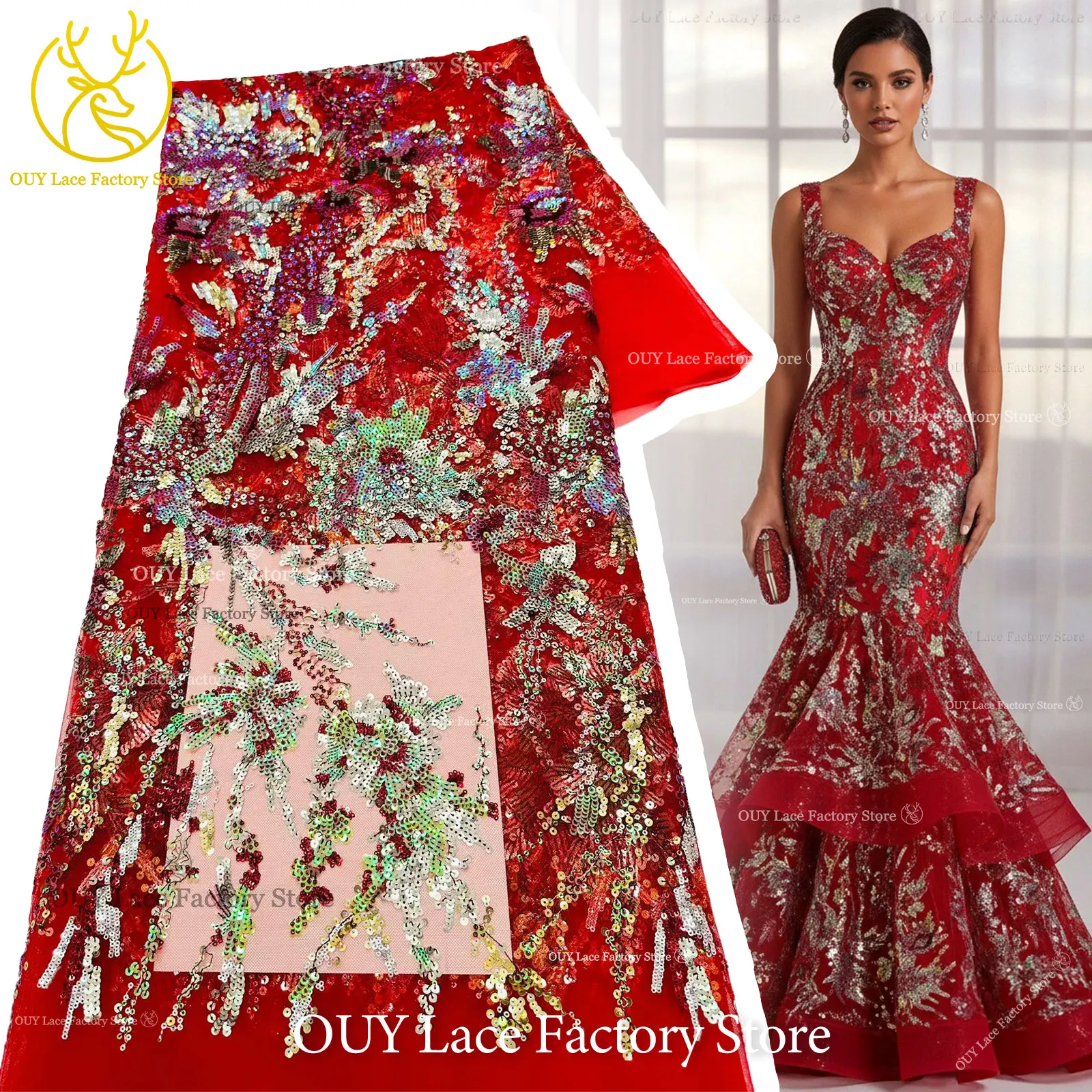 Red African Sequins Lace Fabric 5 Yards High Quality Elegant French Embroidery Lace Fabric For Wedding Evening Dress Sewing
Red African Sequins Lace Fabric 5 Yards High Quality Elegant French Embroidery Lace Fabric For Wedding Evening Dress Sewing