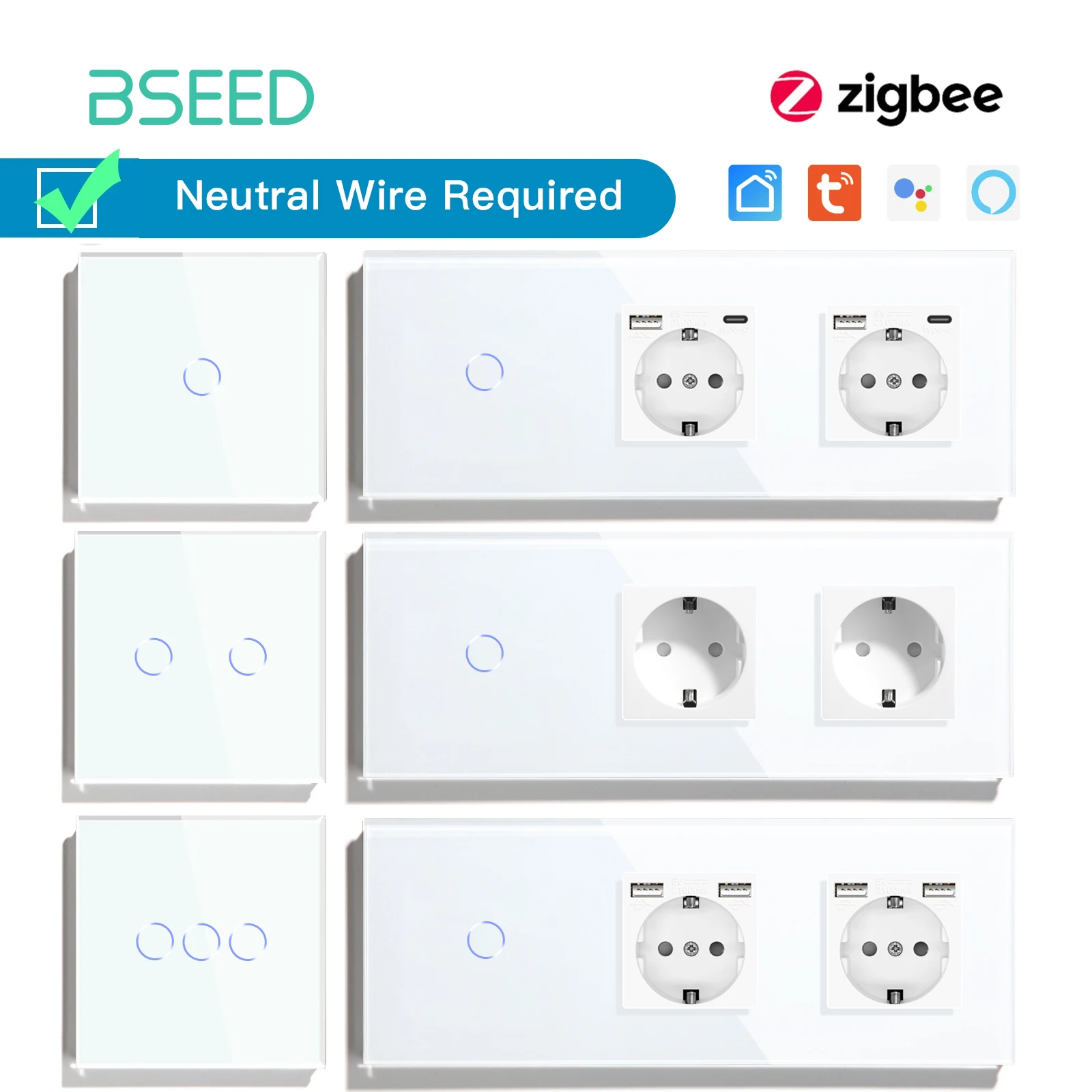 BSEED Zigbee Switches 1/2/3Gang 1/2/3Way Smart Touch Light Switches Tuya App EU Standard Wall Sockets USB Phone Charge Type-c
BSEED Zigbee Switches 1/2/3Gang 1/2/3Way Smart Touch Light Switches Tuya App EU Standard Wall Sockets USB Phone Charge Type-c