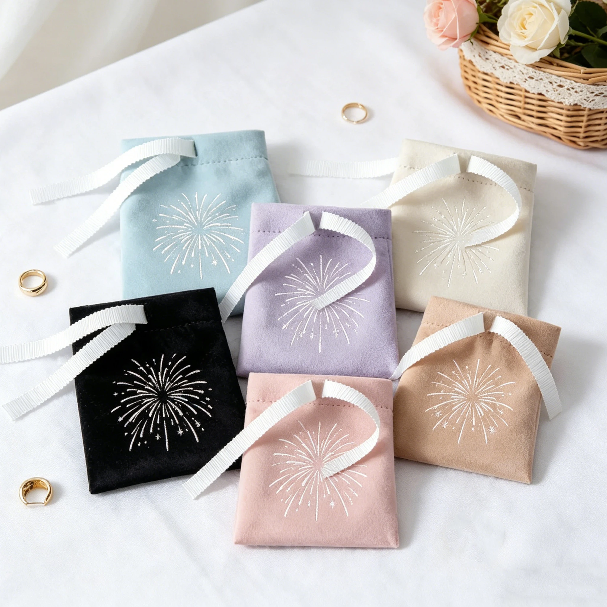 50pcs Flannel Jewelry Gift Bags with Ribbon Custom Logo Velvet Drawstring Soap Storage Packaging Pouch Wedding Favors For Guests