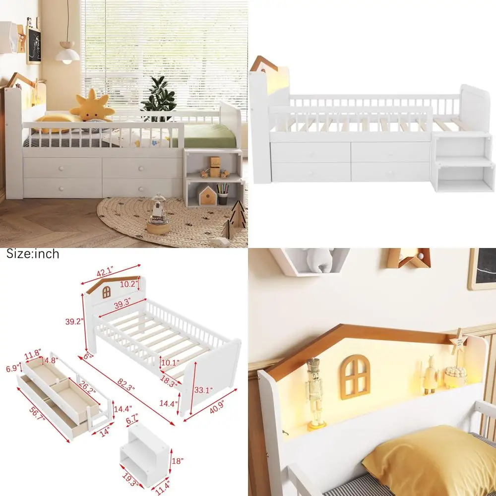 White Kids Twin Bed with LED Lights, 4 Drawer Storage and Guardrails
White Kids Twin Bed with LED Lights, 4 Drawer Storage and Guardrails