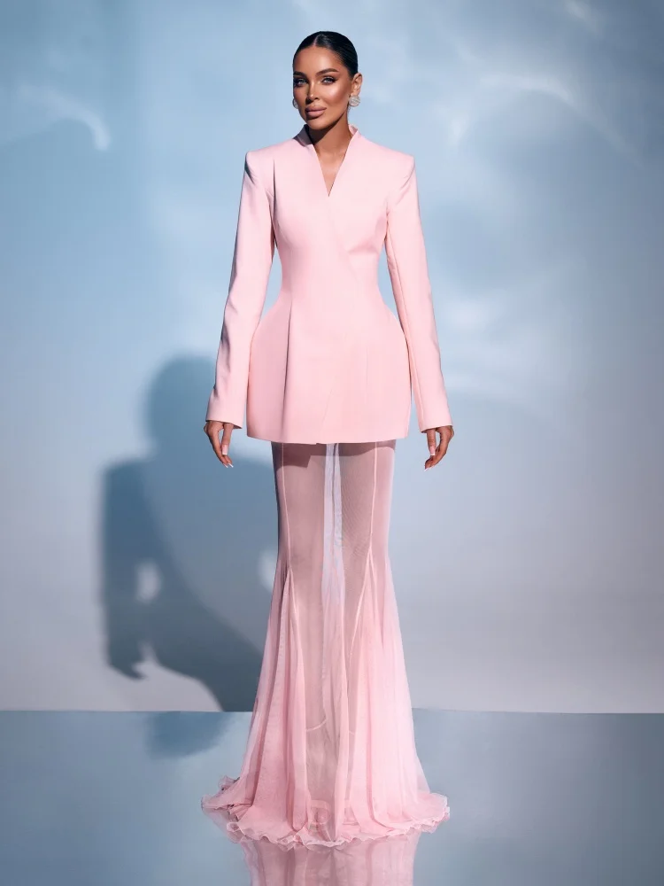 Women Solid Blazer Skirt Set Pink Two - Piece Set Structured Blazer & Sheer Tulle See Through Maxi Skirt for Evening Parties
Women Solid Blazer Skirt Set Pink Two - Piece Set Structured Blazer & Sheer Tulle See Through Maxi Skirt for Evening Parties