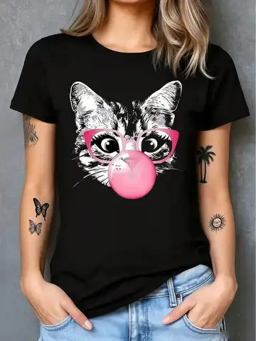 Cute‑Vibe Women Short‑Sleeve T‑Shirt Crew Neck Cat Bubble Gum Pattern Print Black Summer Daily Wear Tops